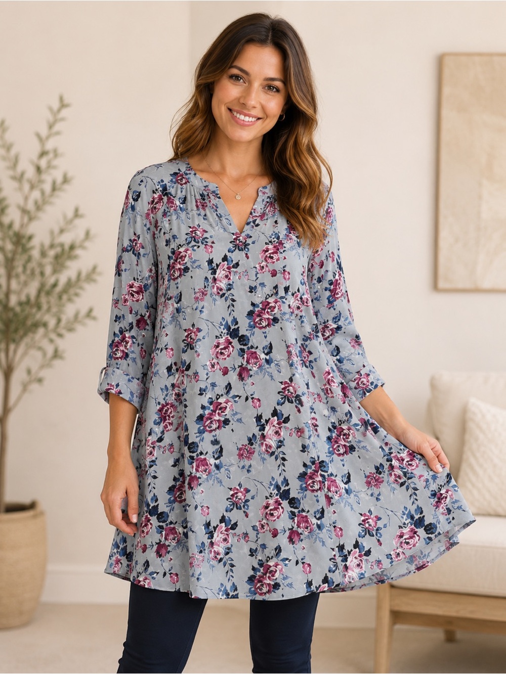 MISIA Floral Tunic Dress Blue Pink Rose Print Flowy Boho 3/4 Sleeve Womens Large
